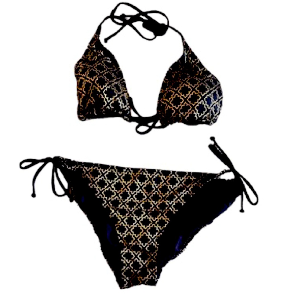 Boden Navy gold leaf string bikini